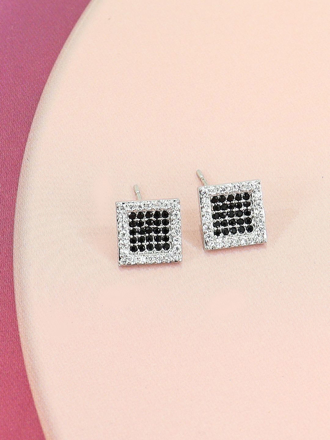 KRENOZ Men Silver-Plated Sterling Silver Square Shape Cubic Zirconia Studs