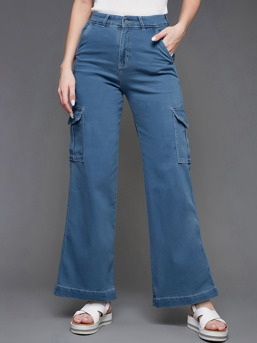Miss Chase Womens Blue Wide leg High rise Clean look Regular Stretchable Denim Jeans