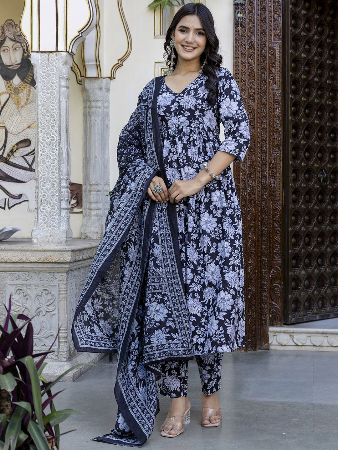 Nayo Floral Printed Pure Cotton Anarkali Kurta with Trousers & Dupatta