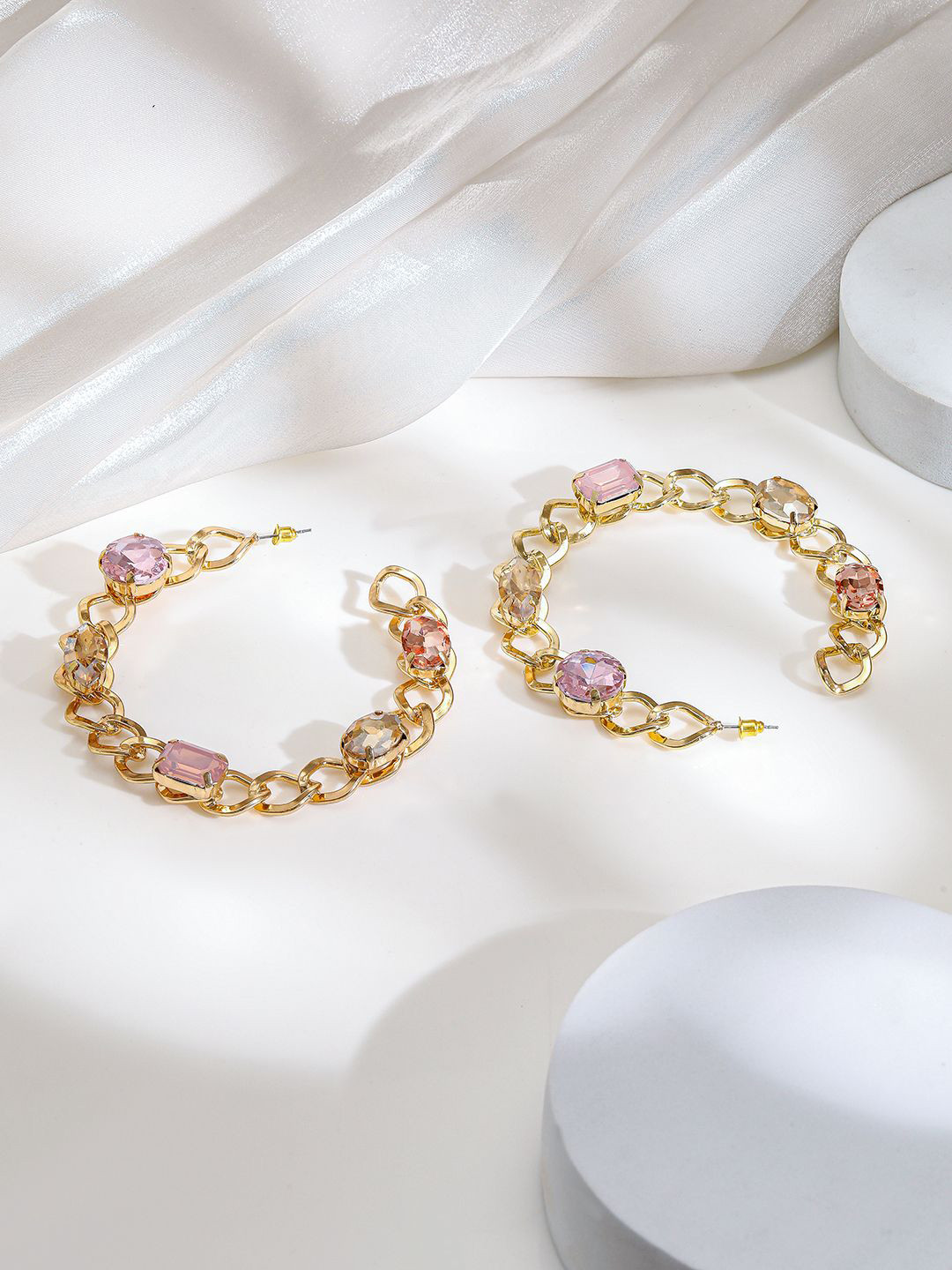 Rubans 18K Gold-Plated Chain Link Hoop Earrings with Pink Crystal Stones