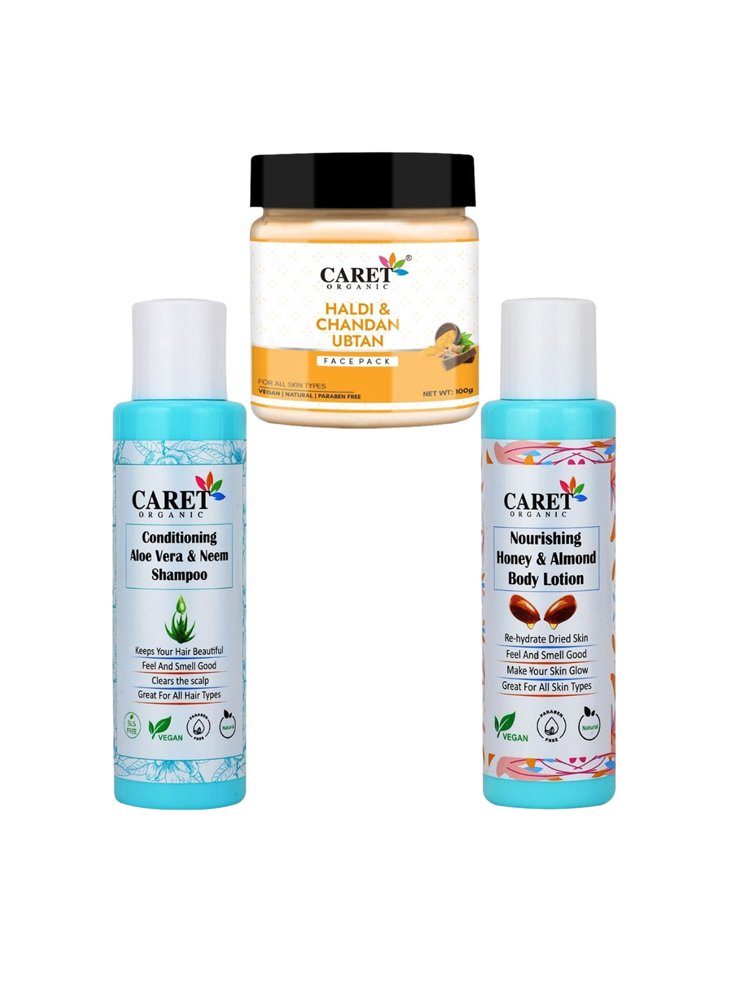 CARET ORGANIC Set Of 3 Chandan Ubtan Face Pack With Body Lotion & Aloevera Neem Shampoo