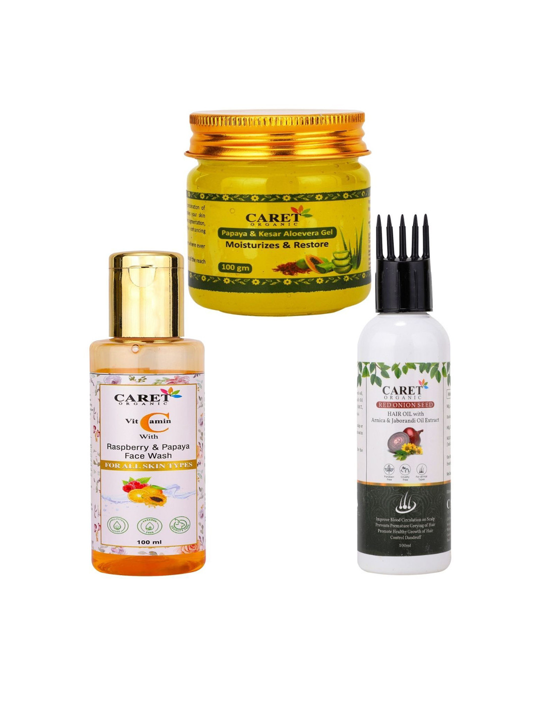 CARET ORGANIC Set Of 3 Kesar Aloe Vera Gel With Onion Seed Hair Oil & Face Wash