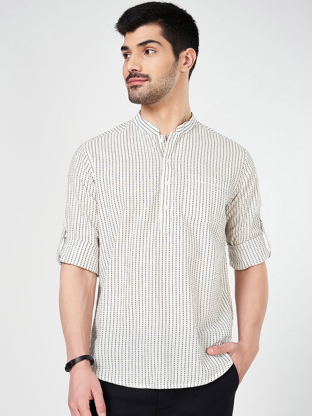 indus route by Pantaloons Striped Mandarin Collar Long Sleeves Regular Cotton Kurta