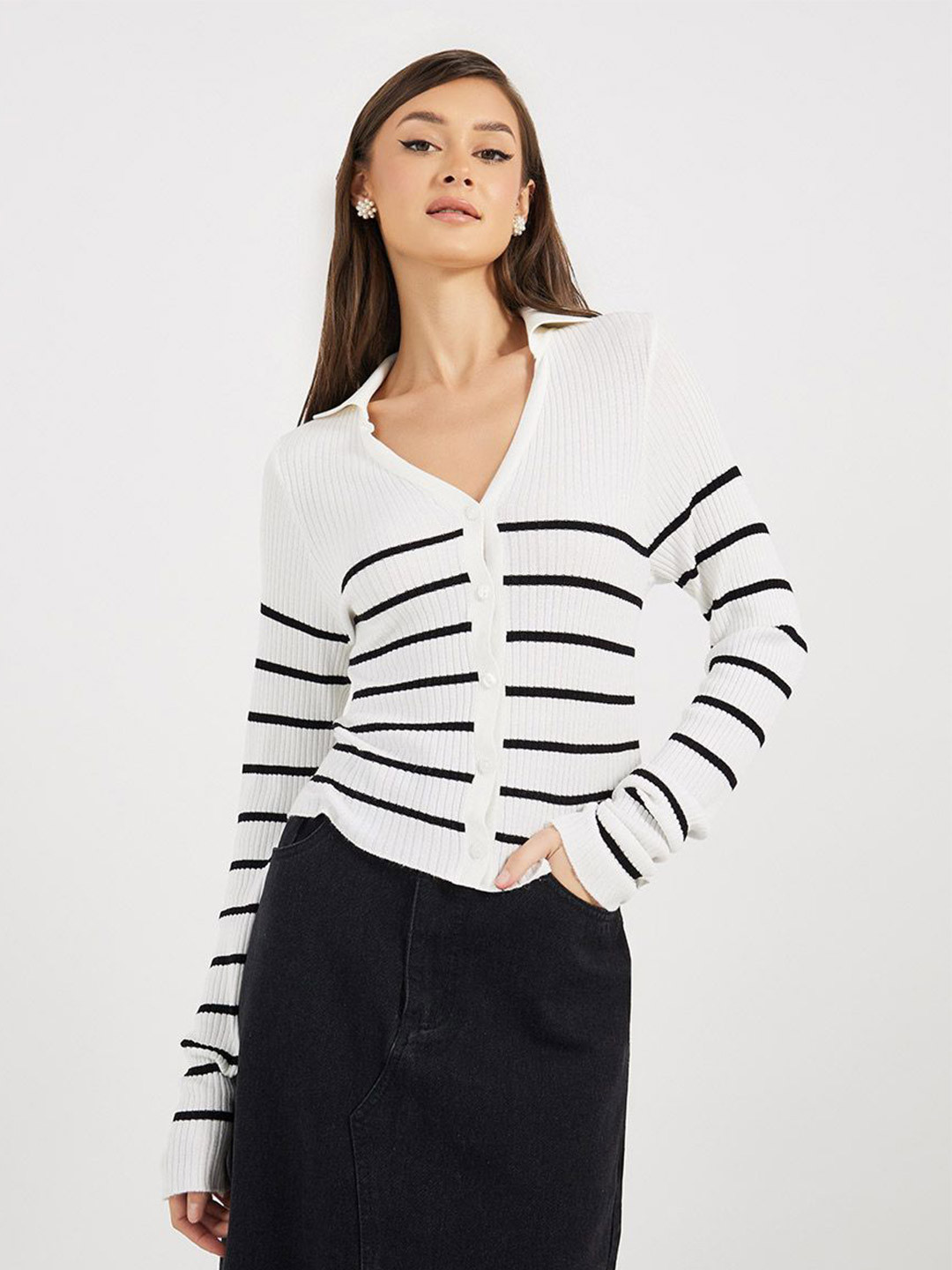 Styli Women Striped V-Neck Long Sleeves Cardigan