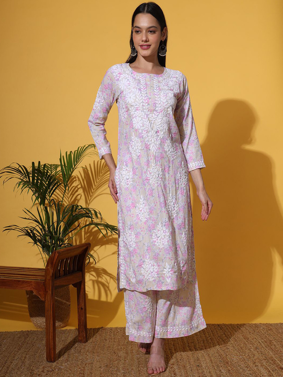 The Chikan Label Floral Printed & Embroidered Chikankari Straight Kurta with Palazzos