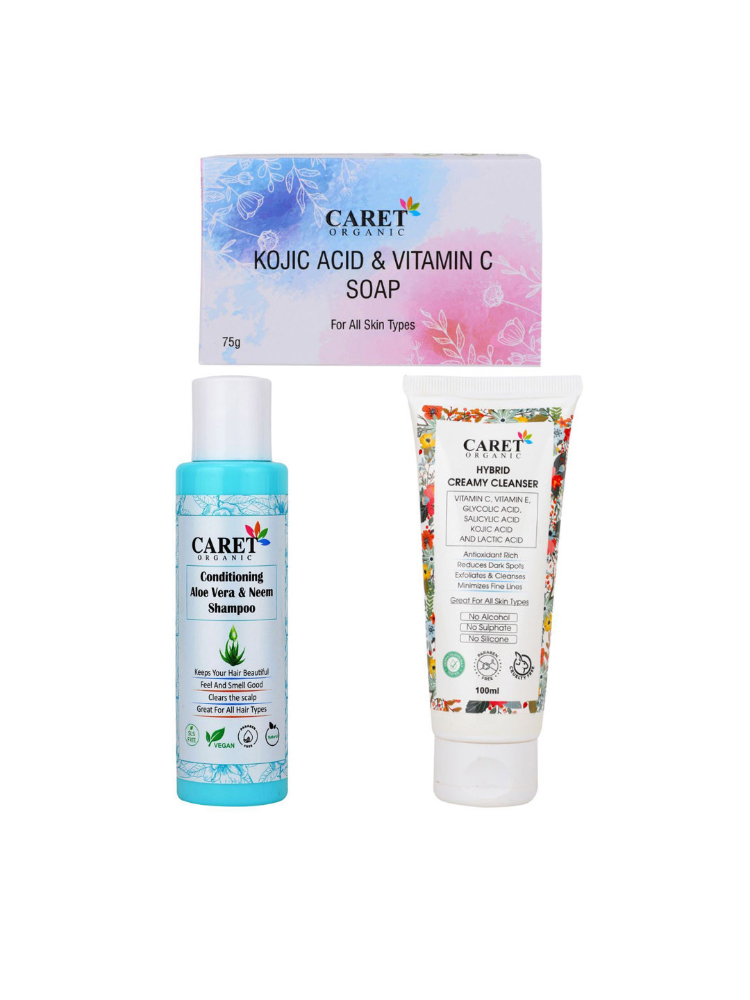 CARET ORGANIC Set Of 3 Kojic Acid Soap With Hybrid Creamy Cleanser & Neem Shampoo