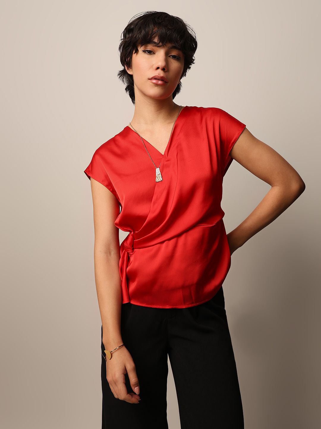 ONLY Women Satin V-Neck Short Sleeves Wrap Top