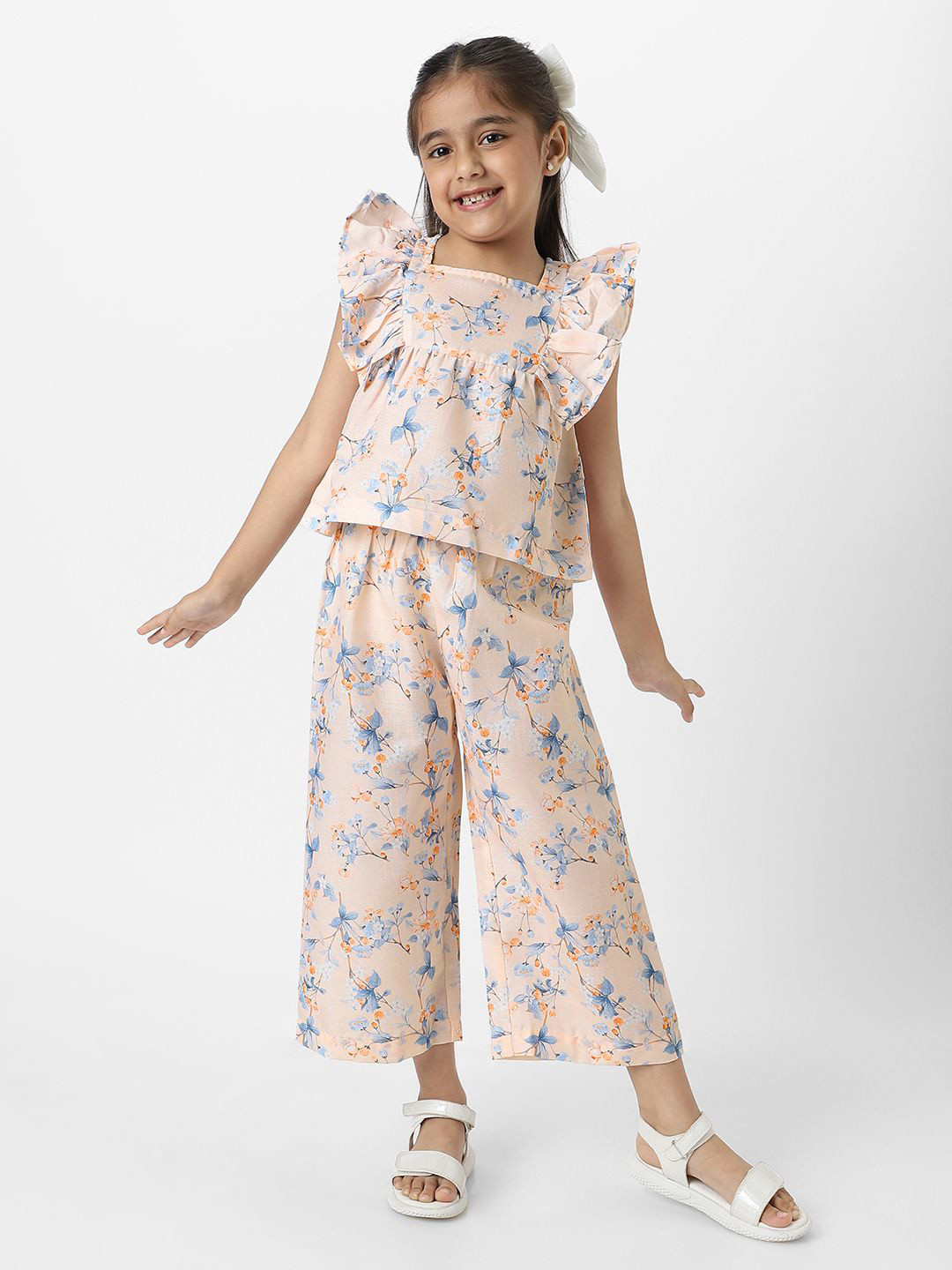 Nautinati Girls' Linen Combo Set of Floral Printed Top and Matching Full Length Bottom