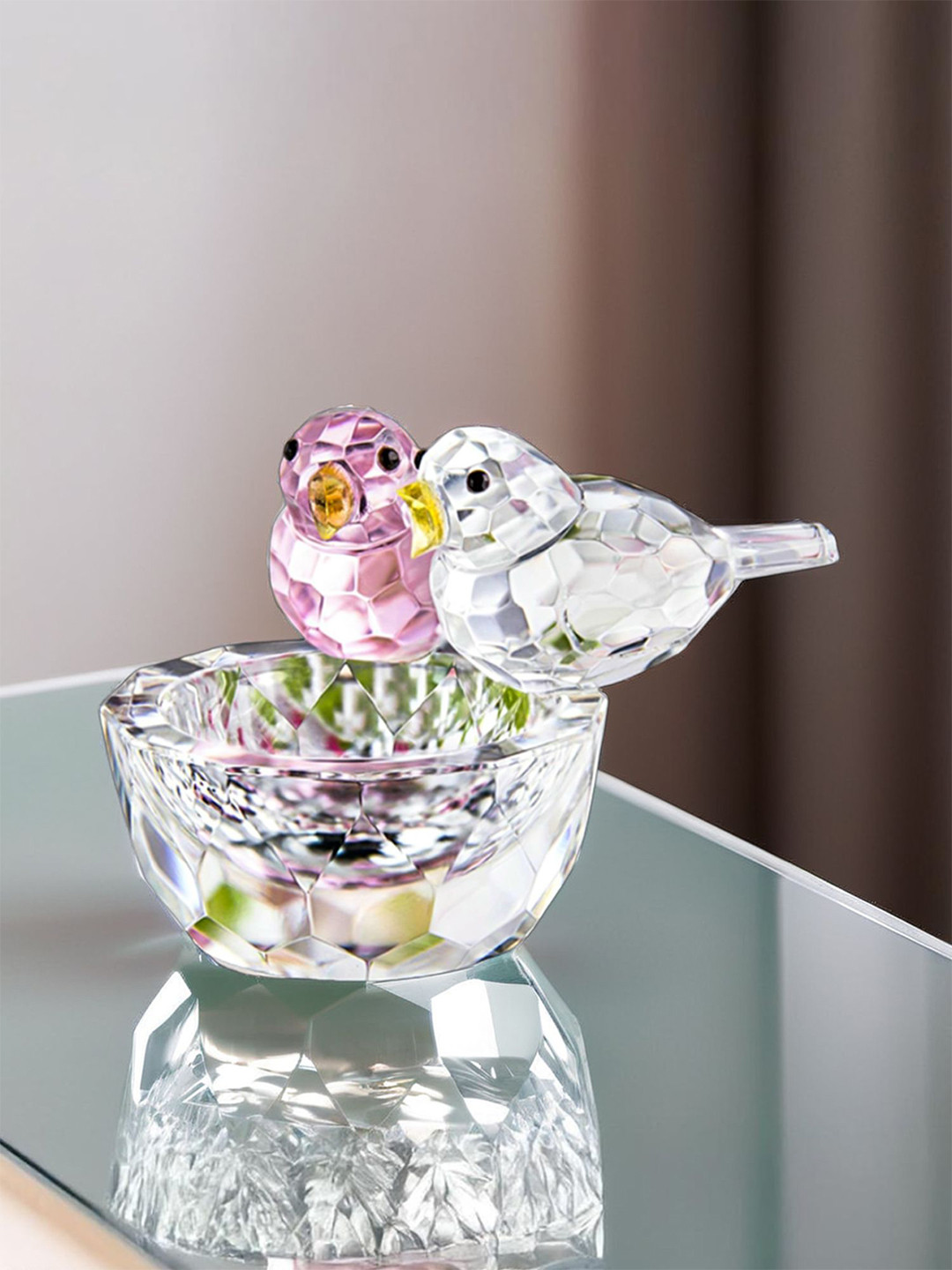 Ekhasa Birds Transparent Glass Glossy Living Room Medium Showpiece - 2 Inches
