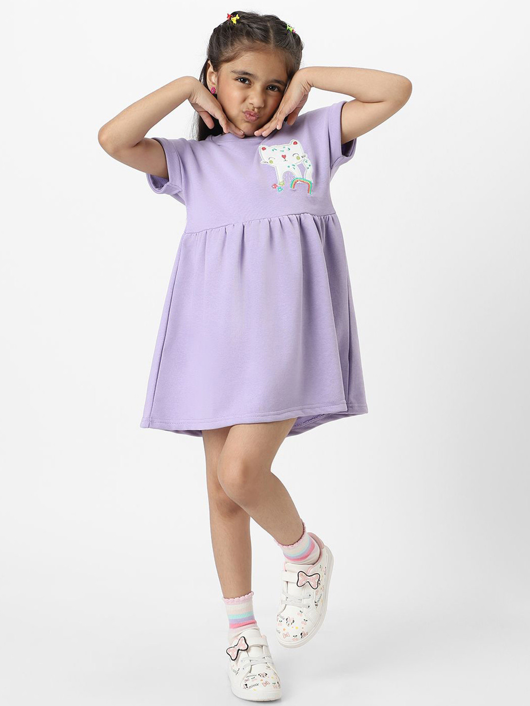 Nauti Nati Girls Cat Printed Kimono Sleeves A-line Frock