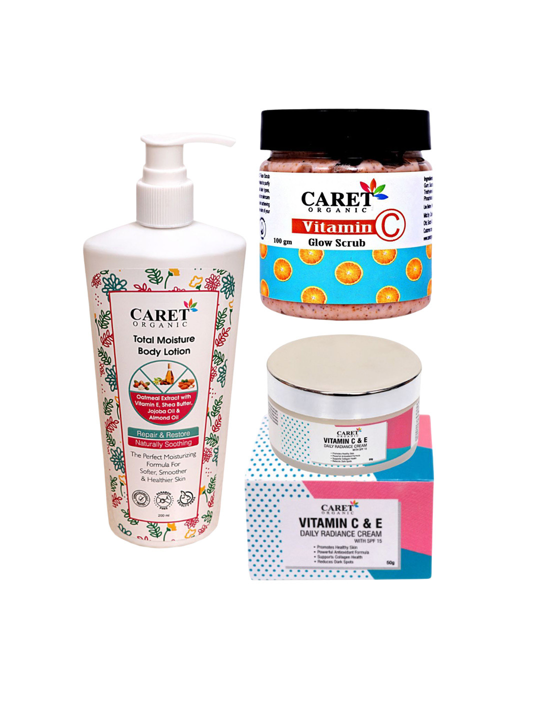CARET ORGANIC Set Of 3 Total Moisture Body Lotion, Radiance Cream & Vitamin C Glow Scrub