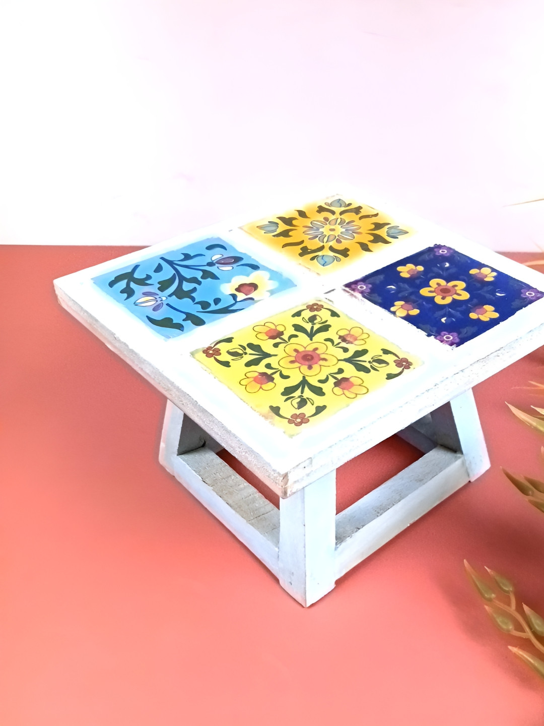 apka mart Mini Table Stand Blue Wood Natural Living Room Medium Showpiece - 5.1 Inches