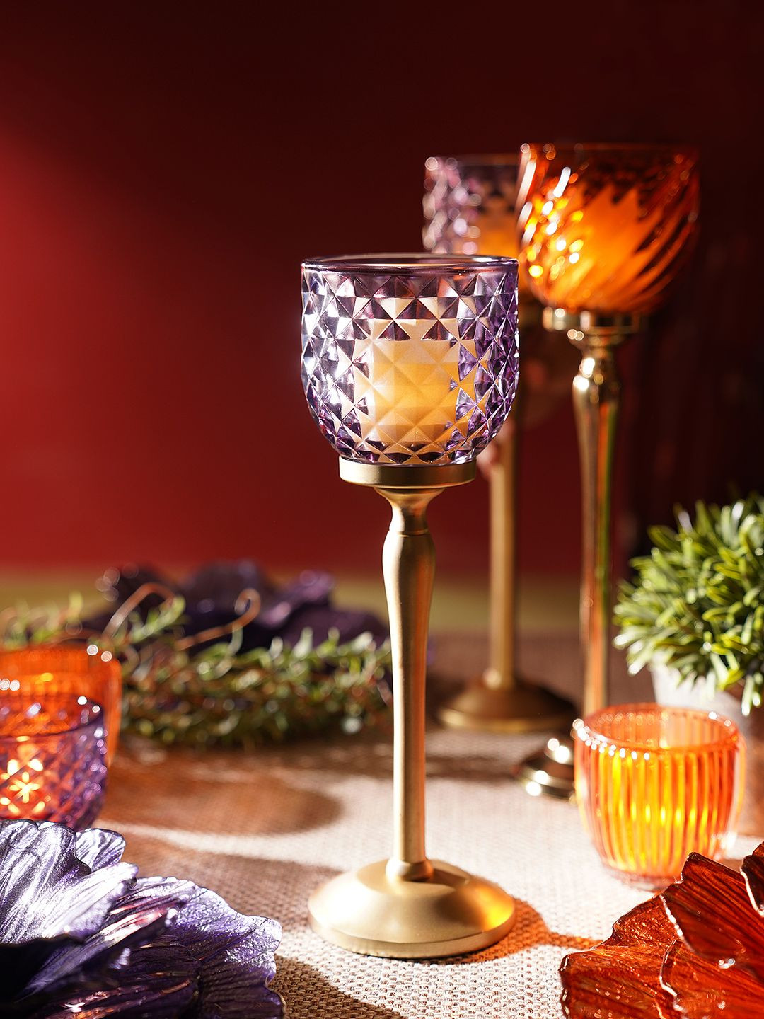 Pure Home and Living Purple Diamond Cut Hurricane Glass Candle Holder