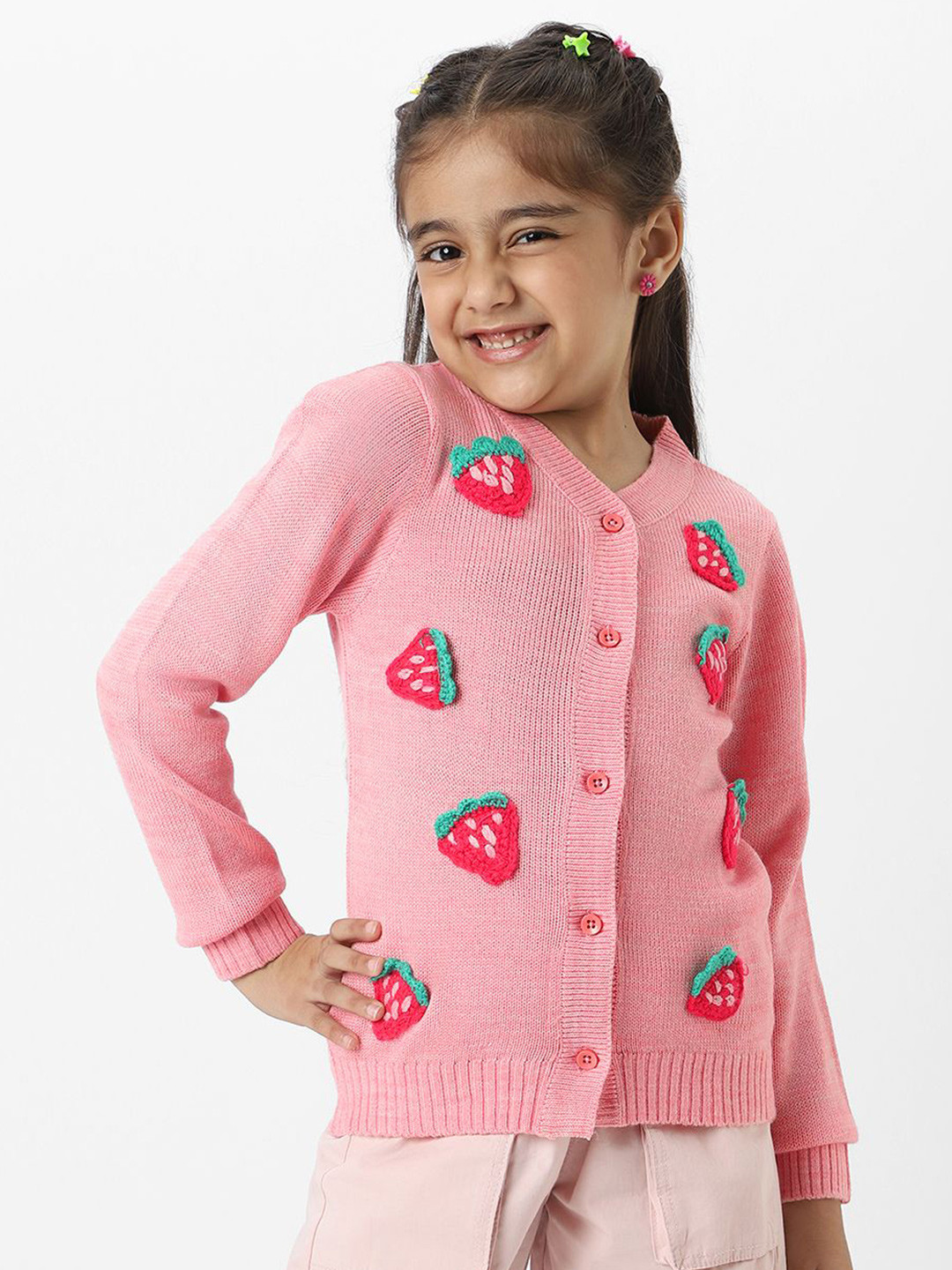 Nautinati Girls' Embroidered Full Sleeves Acrylic Cardigan Sweater