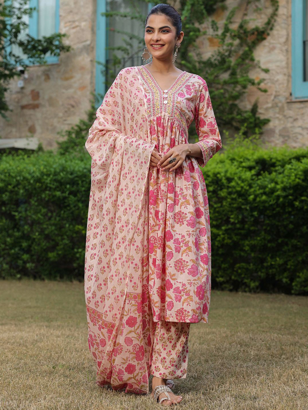 Jaipur Morni Floral Printed Empire Gotta Patti Pure Cotton Kurta with Trouser & Dupatta