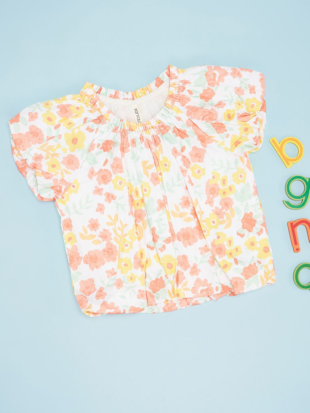 Pantaloons Junior Girls Floral Printed Pure Cotton Puff Sleeve Top