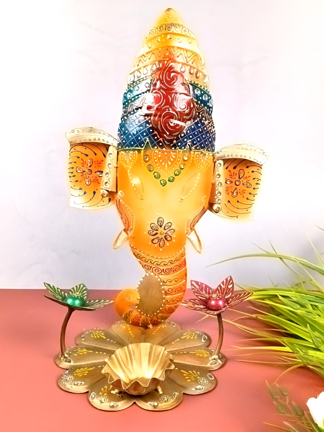 apka mart Ganesha with Tea Light Candle Holder Orange Metal Metallic Prayer Room Lights Medium Showpiece - 15.4 Inches