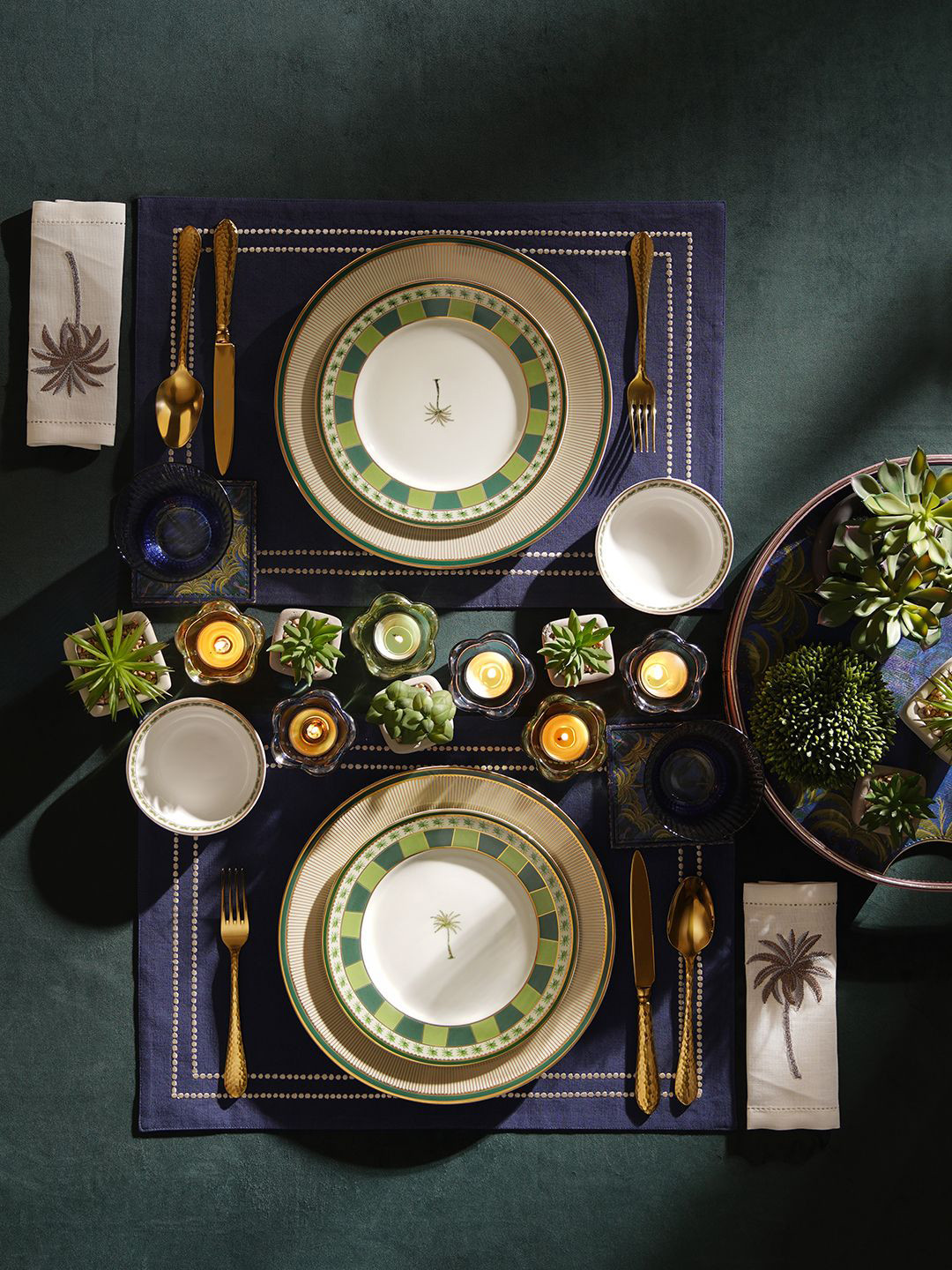 Pure Home and Living Beige & Green 2 Pieces Printed Glossy Dinner Plates