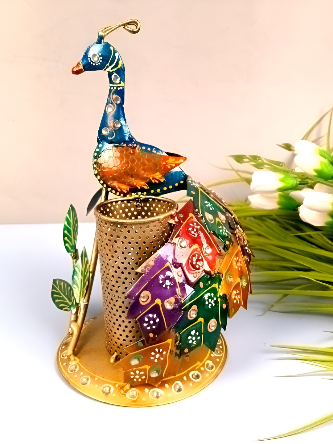 apka mart Blue & Red Peacock Shaped Pen Holder
