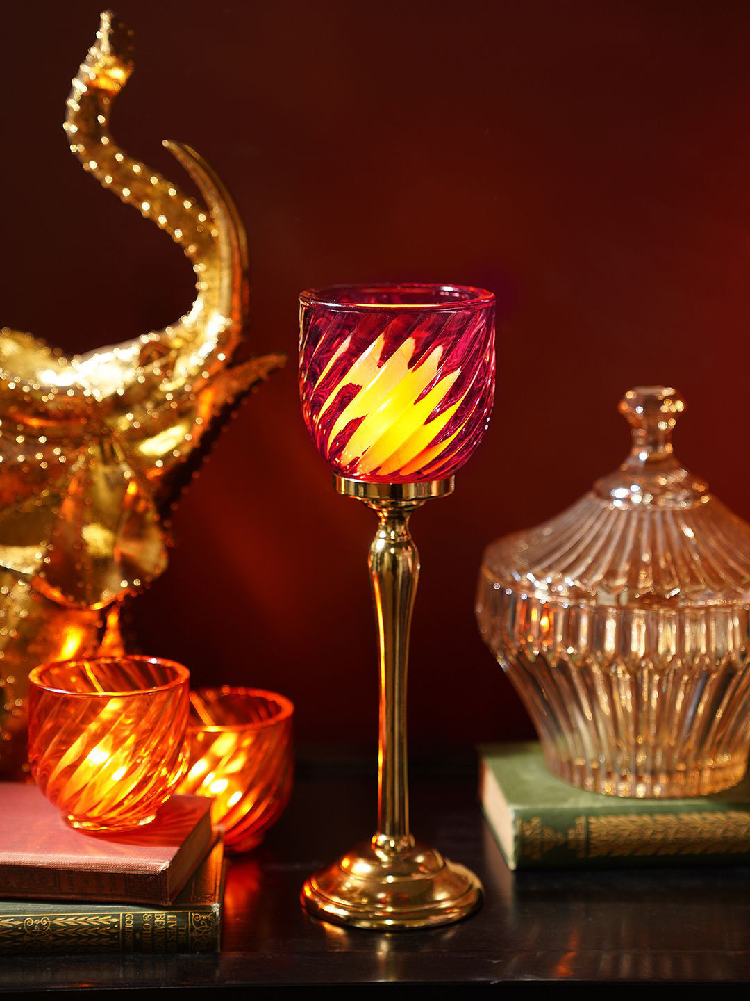 Pure Home and Living Red Swirl Textured Hurricane Candle Holder