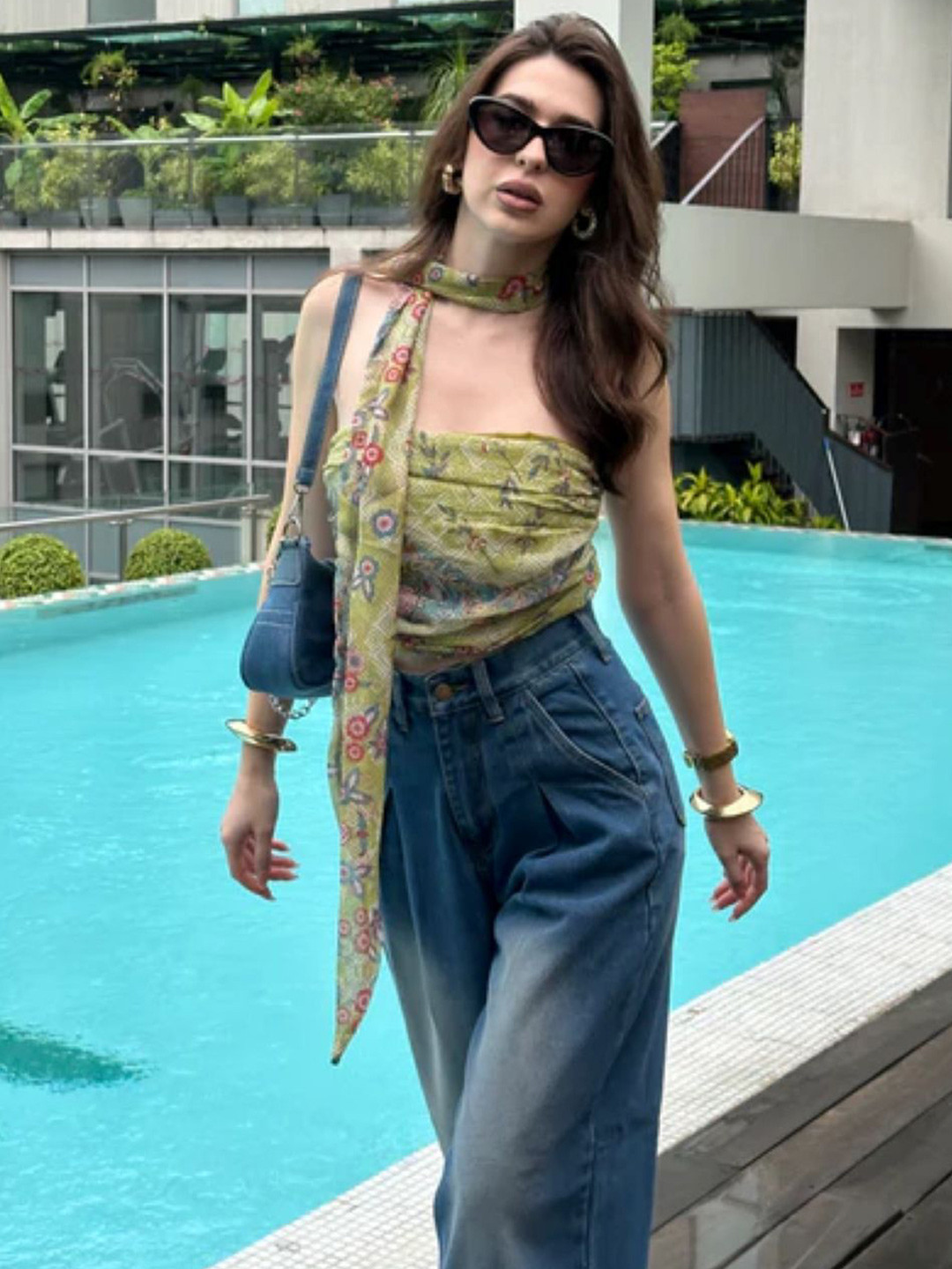 StyleAsh Women Geometric Print Off-Shoulder Georgette Crop Top With Scarf