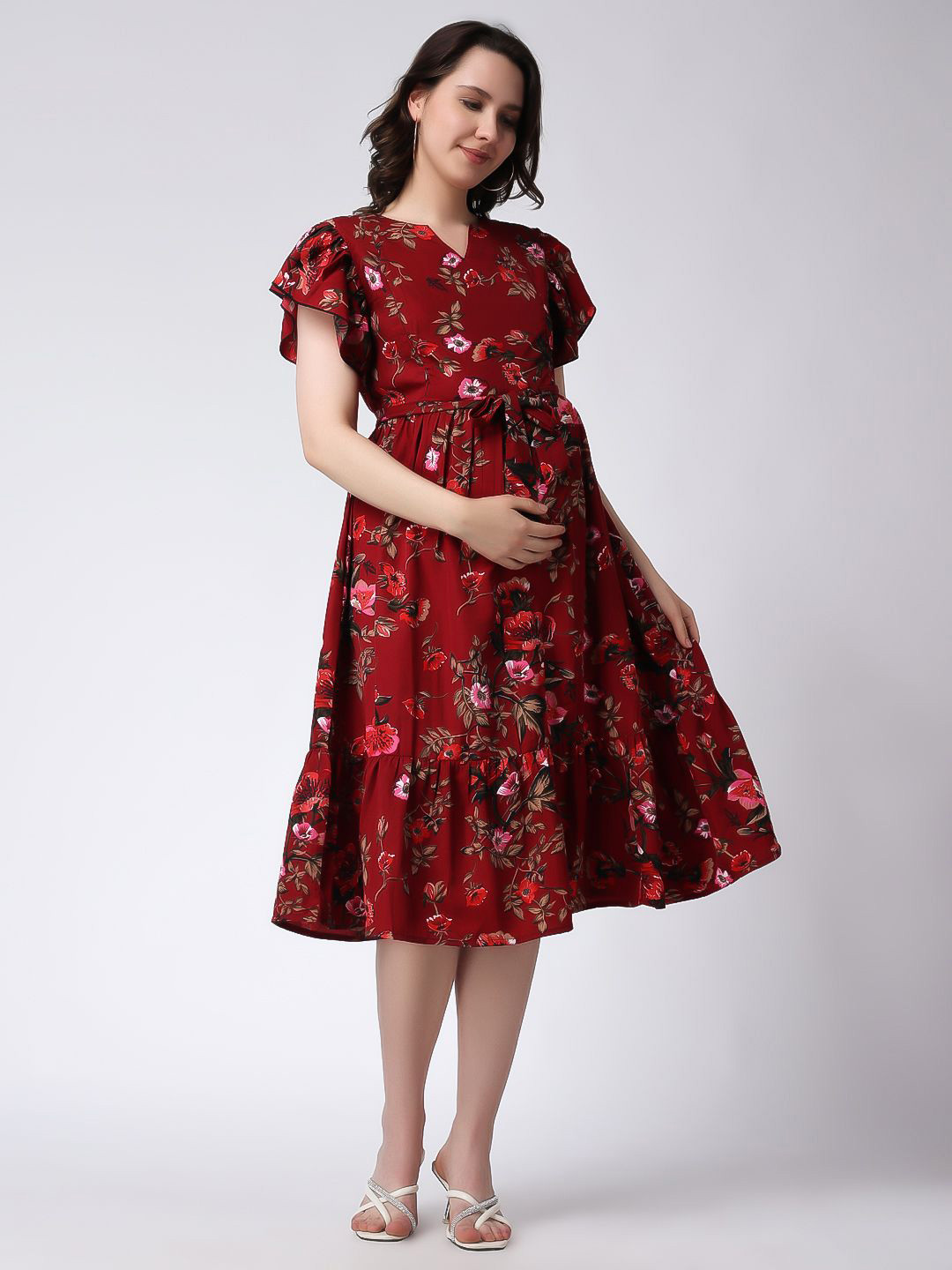 Moms Maternity Floral Flutter Sleeve Maternity Fit & Flare Knee Length Dress With Belt