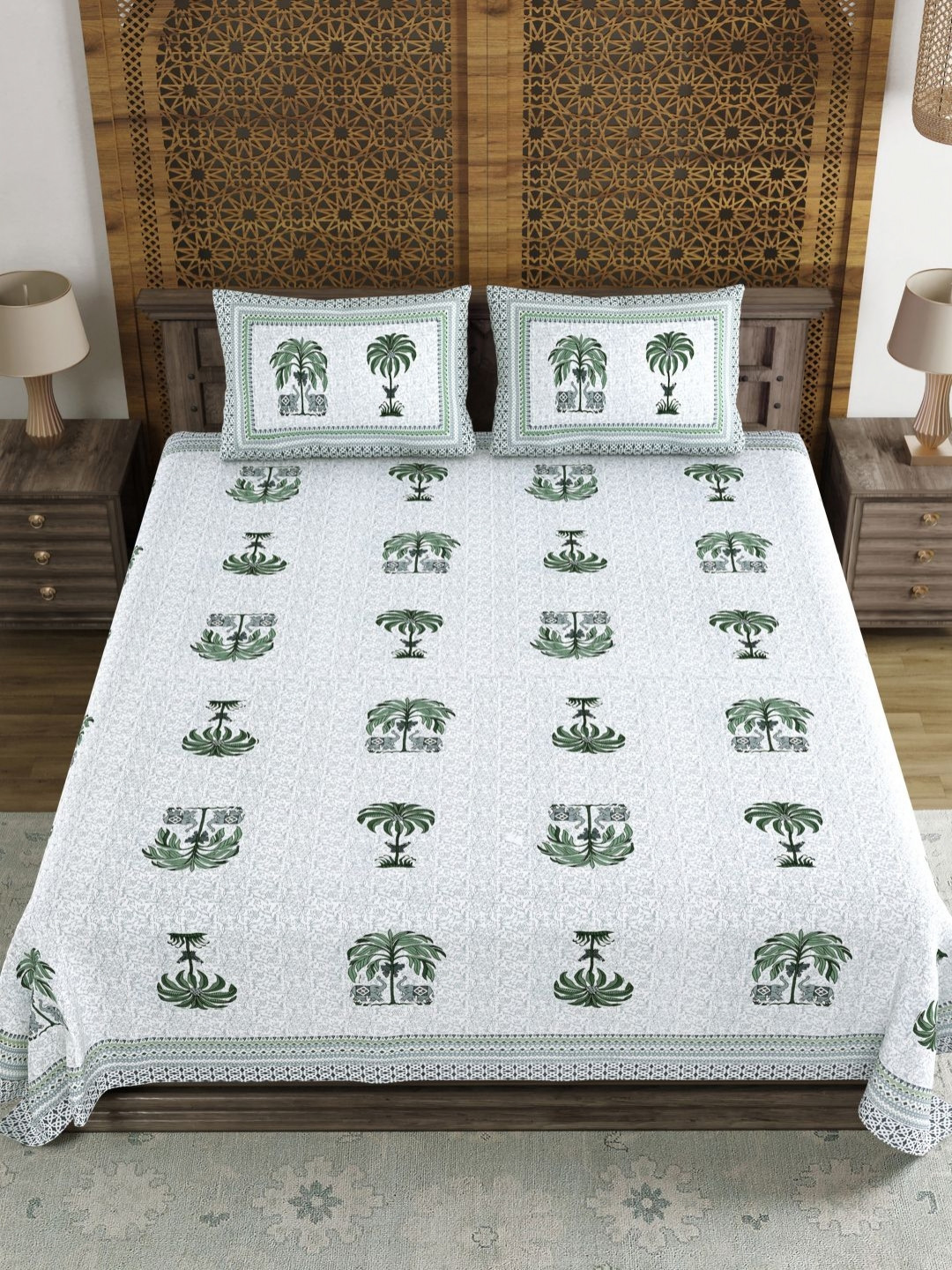 BLOCKS OF INDIA Grey & Green Graphic 120 TC King Bedsheet Set 2.18 m x 2.64 m