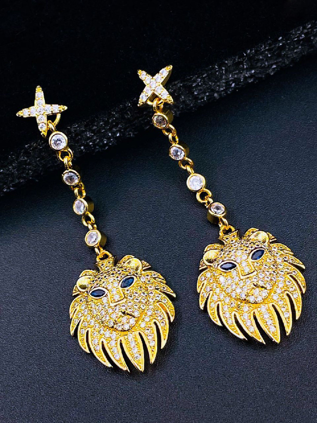 ZIVOM Gold Plated Cubic Zirconia Studded Lion Classic Drop Earrings