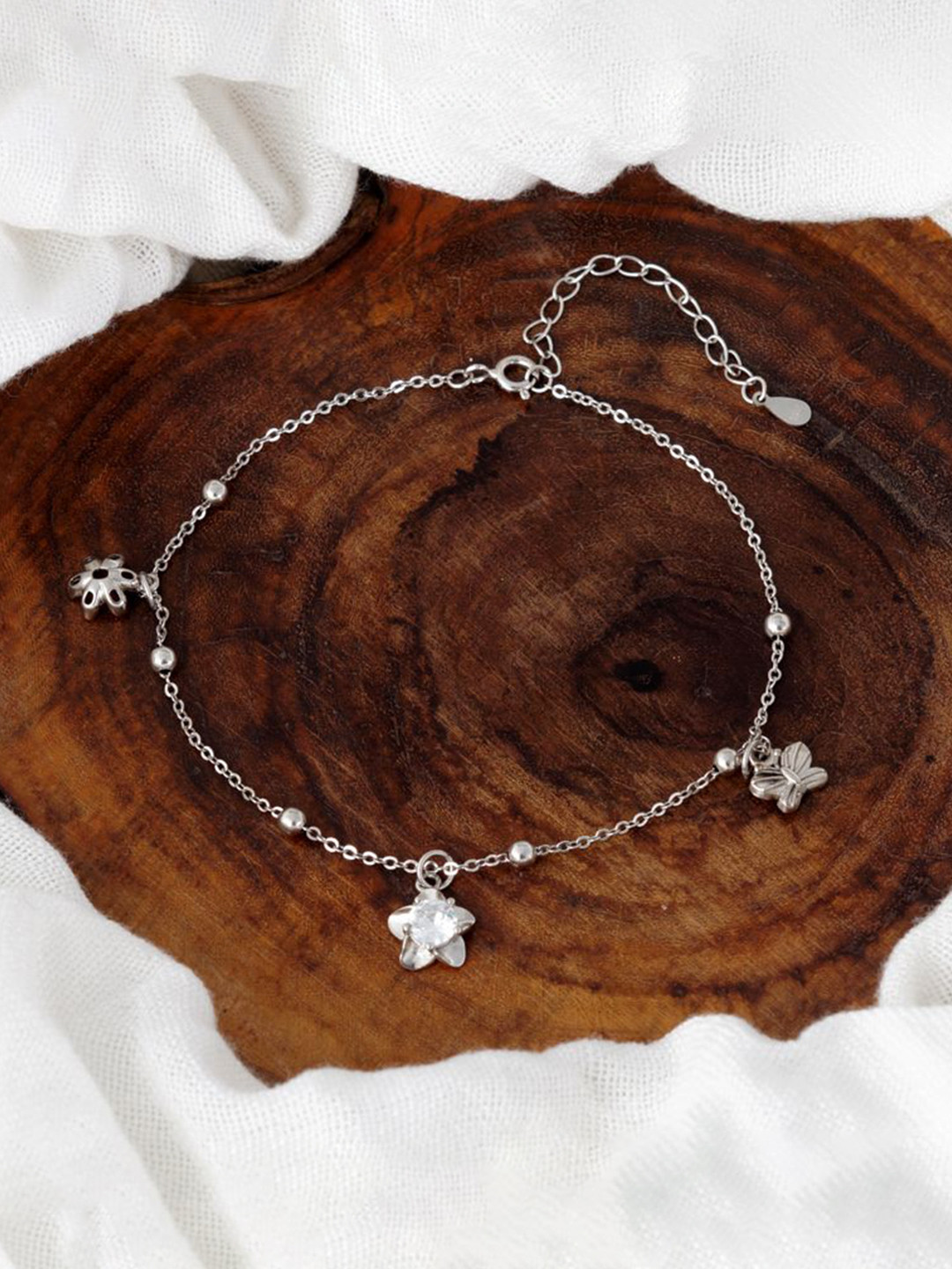 Tuanz Silver Jewelry Madhuban Flower Solitaire 925 Sterling Silver Rhodium-Plated Anklet