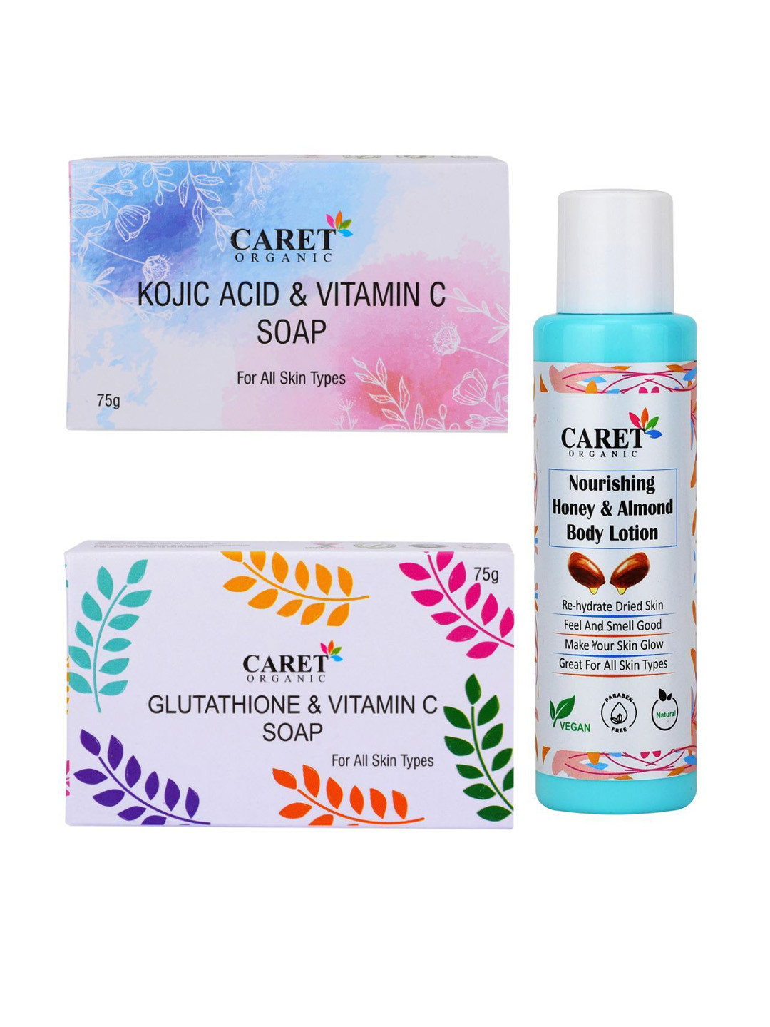 CARET ORGANIC Set Of 3 Kojic Acid Soap With Glutathione Soap & Almond Body Lotion Combo