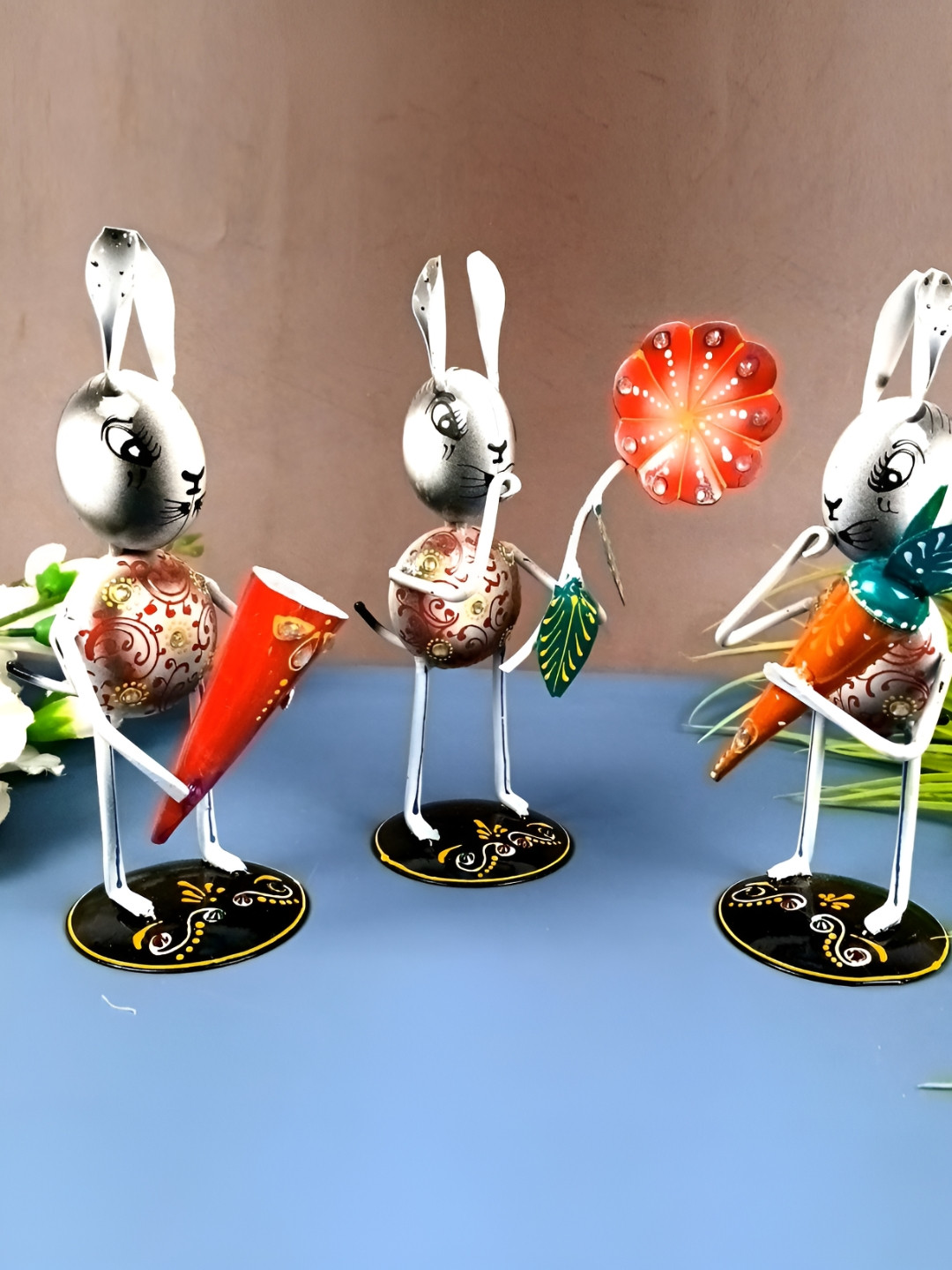 apka mart Rabbit Grey Metal Metallic Living Room Set of 3 Small Showpieces - 7.9 Inches