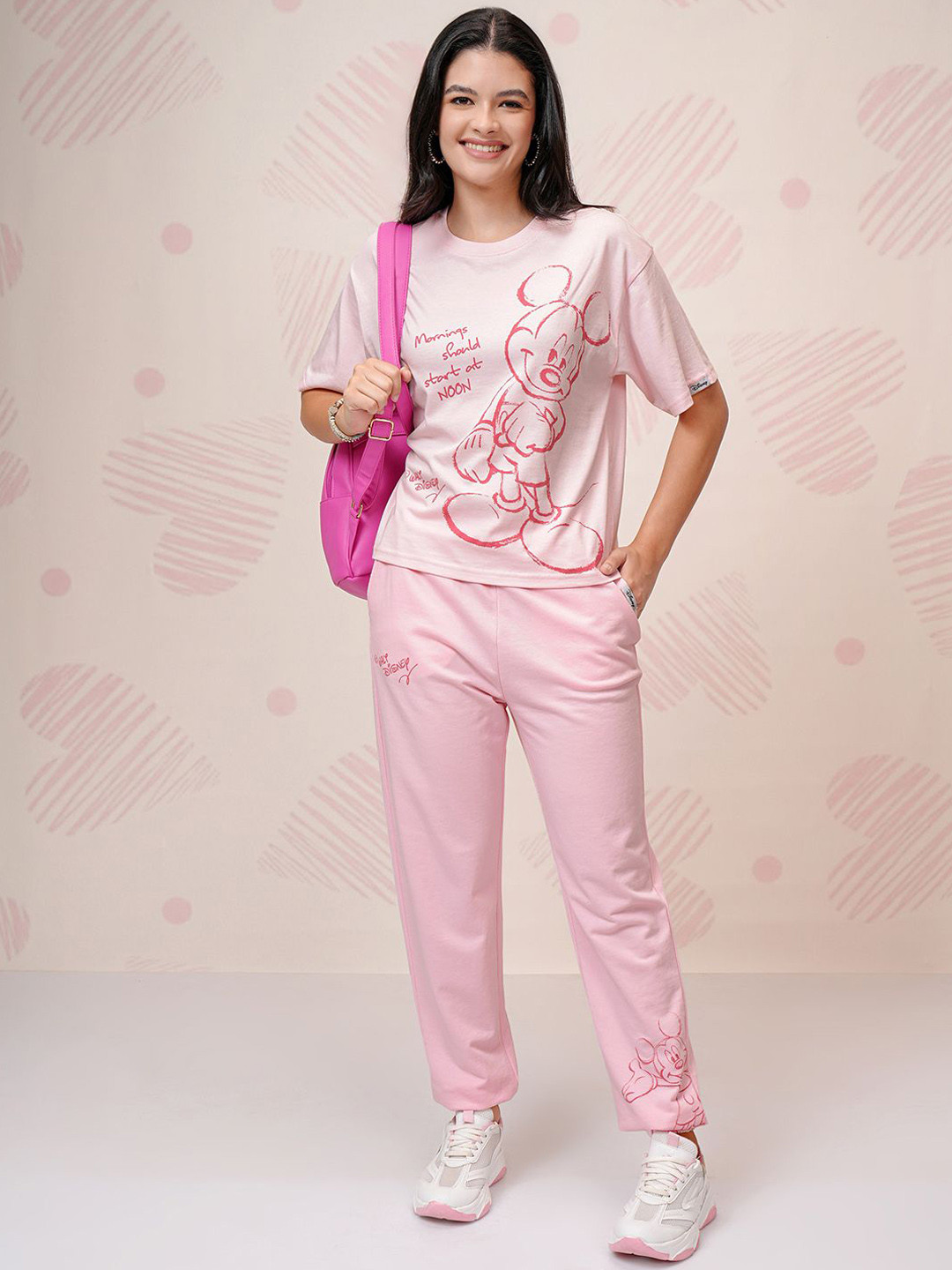 Tokyo Talkies Pink Disney Mickey Mouse Printed Round Neck Pure Cotton T Shirt & Jogger