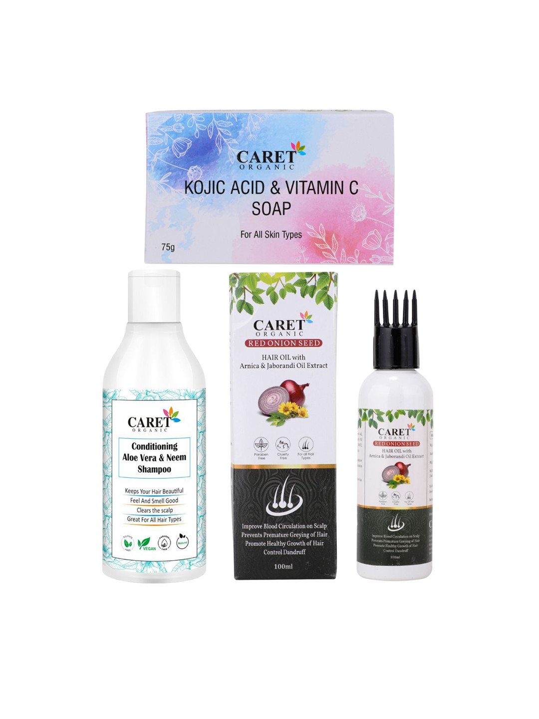CARET ORGANIC Set Of 3 Kojic Acid Soap With Aloevera Neem Shampoo & Onion Seed Hair Oil