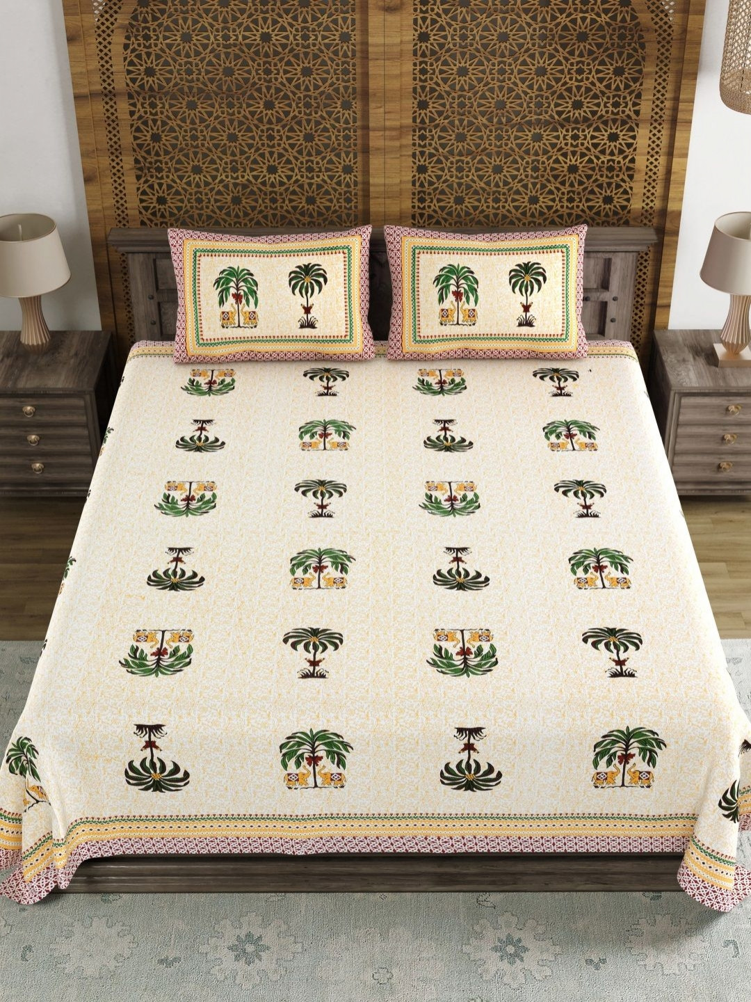 BLOCKS OF INDIA Yellow & Green Ethnic Motifs 120 TC King Bedsheet Set 2.18 m x 2.64 m
