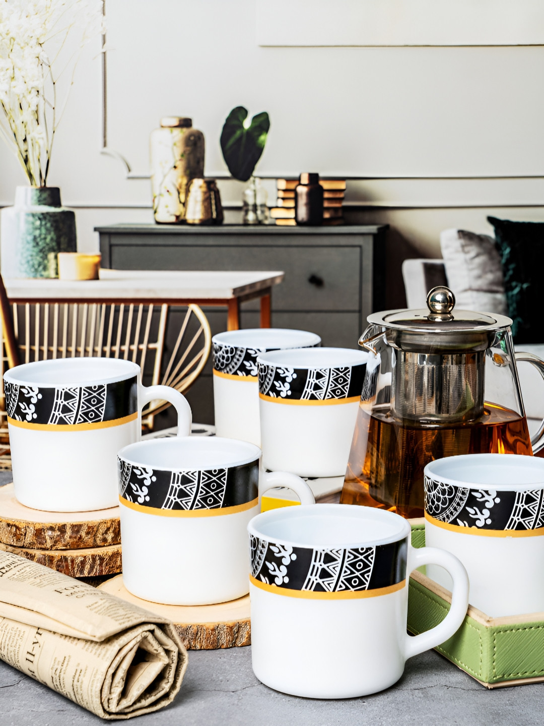 Cello White Ethnic Motifs Opalware Microwave Safe 12 Piece Cup-180ml