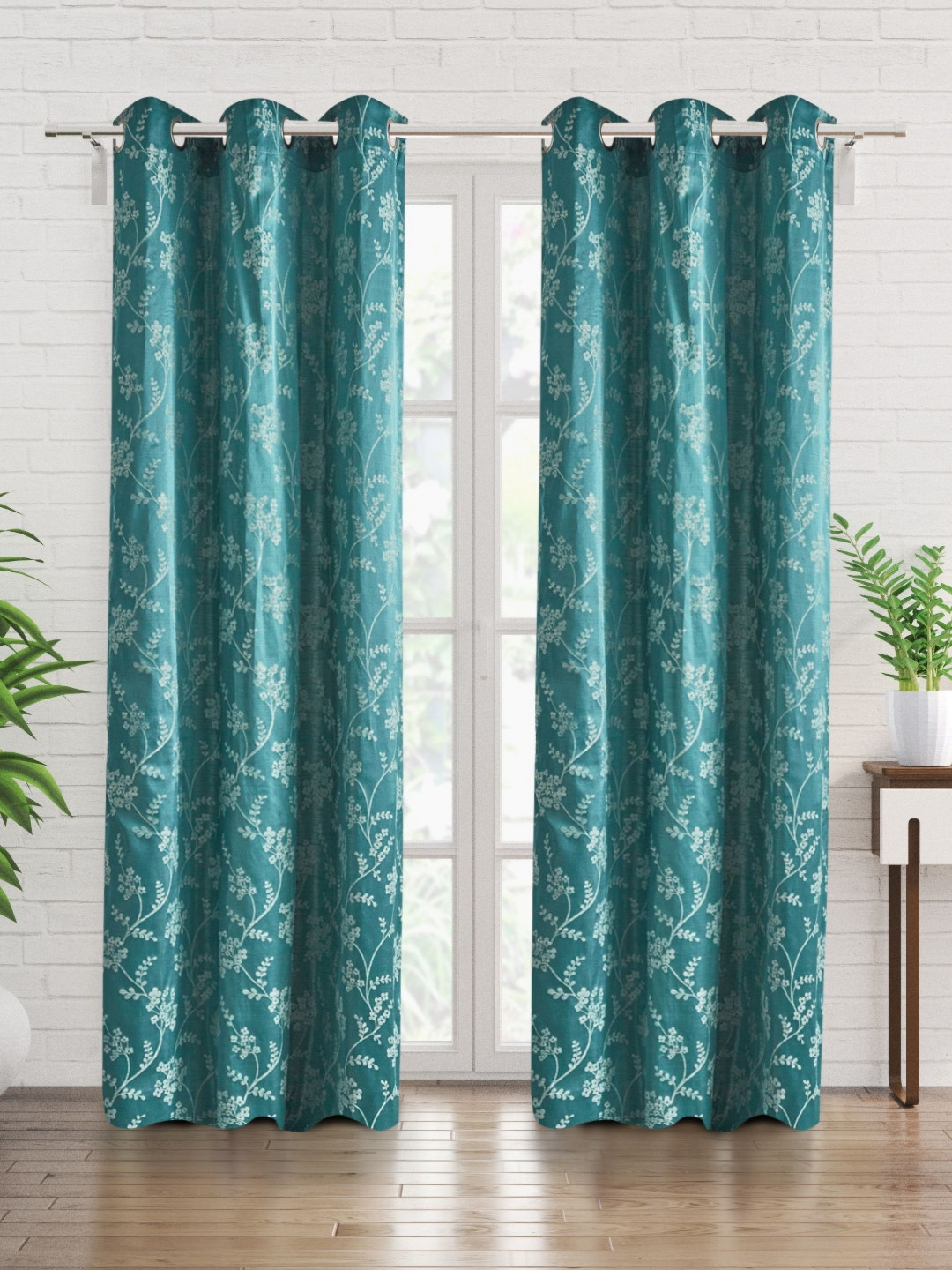 Home Centre Jade Teal & White 2 Pieces Self Design Sheer Door Curtains