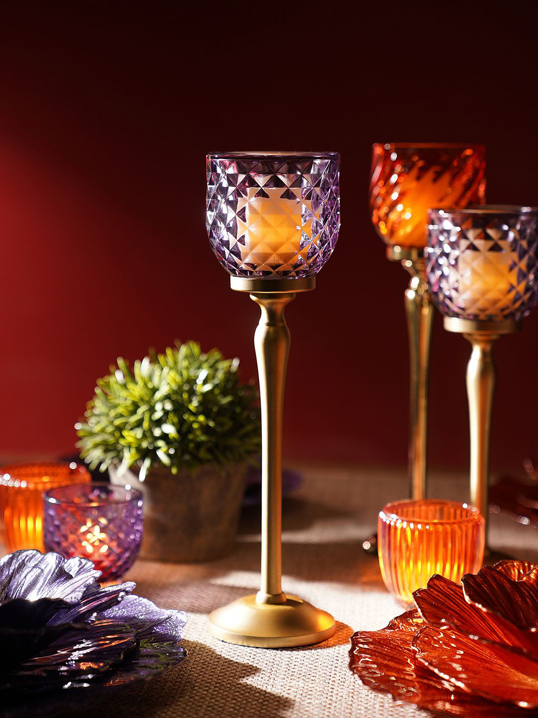 Pure Home and Living Purple Diamond Cut Hurricane Candle Holder