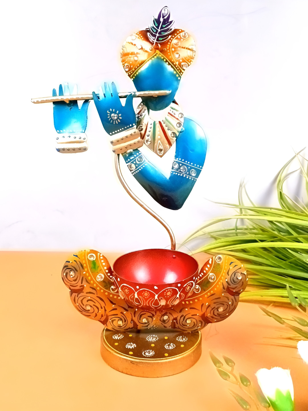 apka mart Blue & Red Lord Krishna Shaped Metal Candle Holder