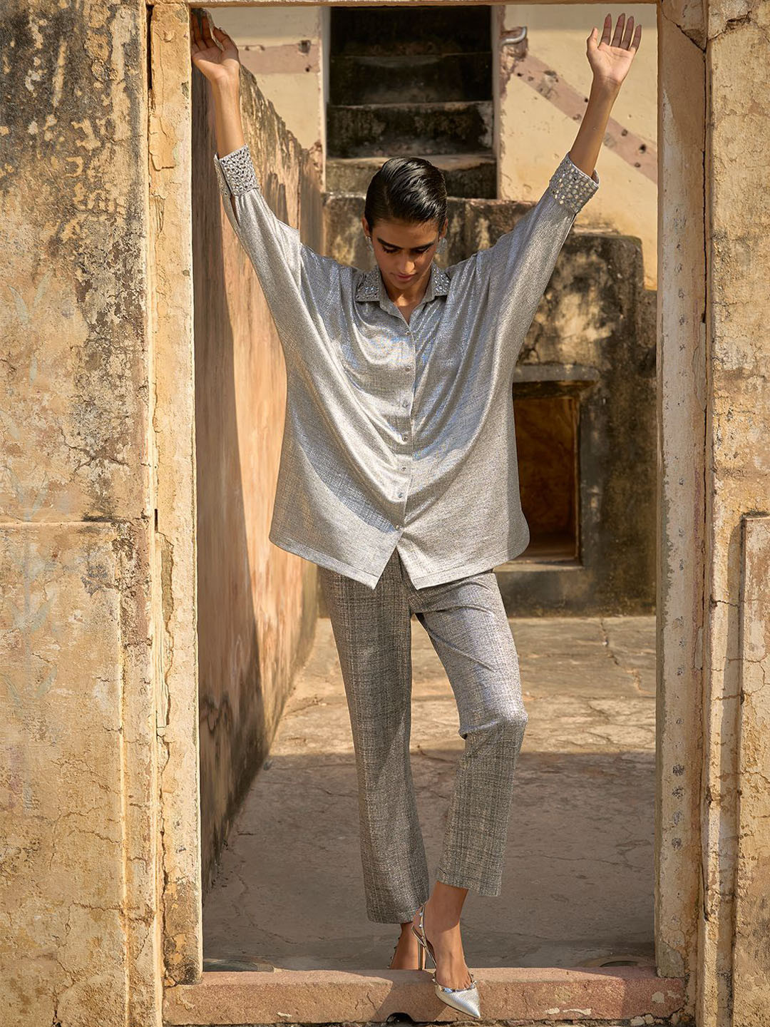 Dash and Dot Embroidered Silver Mirror Shirt With Trousers Co-Ords