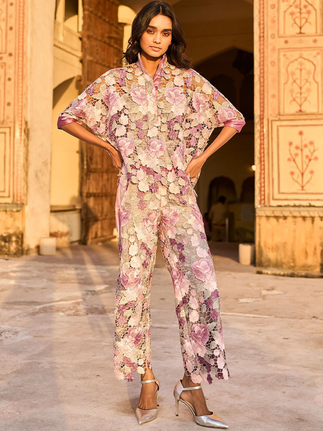 Dash and Dot Self Design Floral Laced Scalloped Shirt Collar Top With Trouser