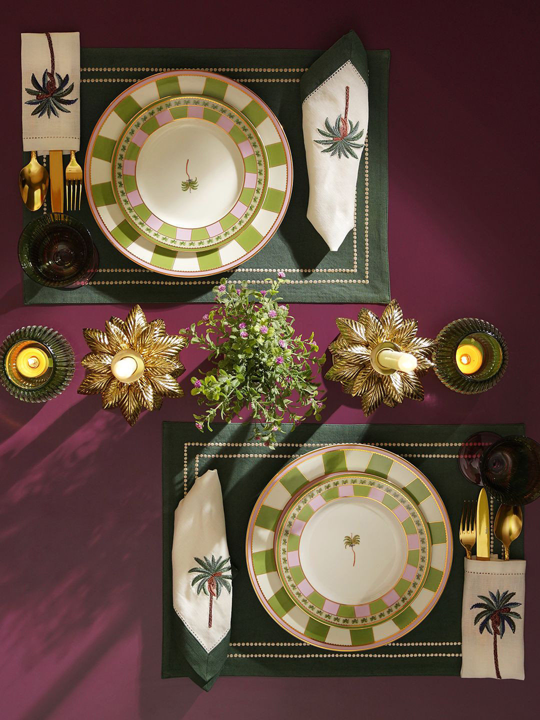 Pure Home and Living Pink & Green 2 Pieces Printed Glossy Dinner Plates