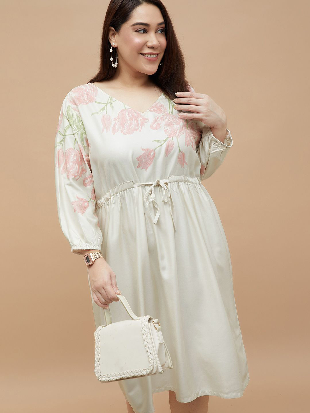 Nexus by Lifestyle Women Floral Printed V-Neck Puff Sleeve A-Line Plus Size Dress