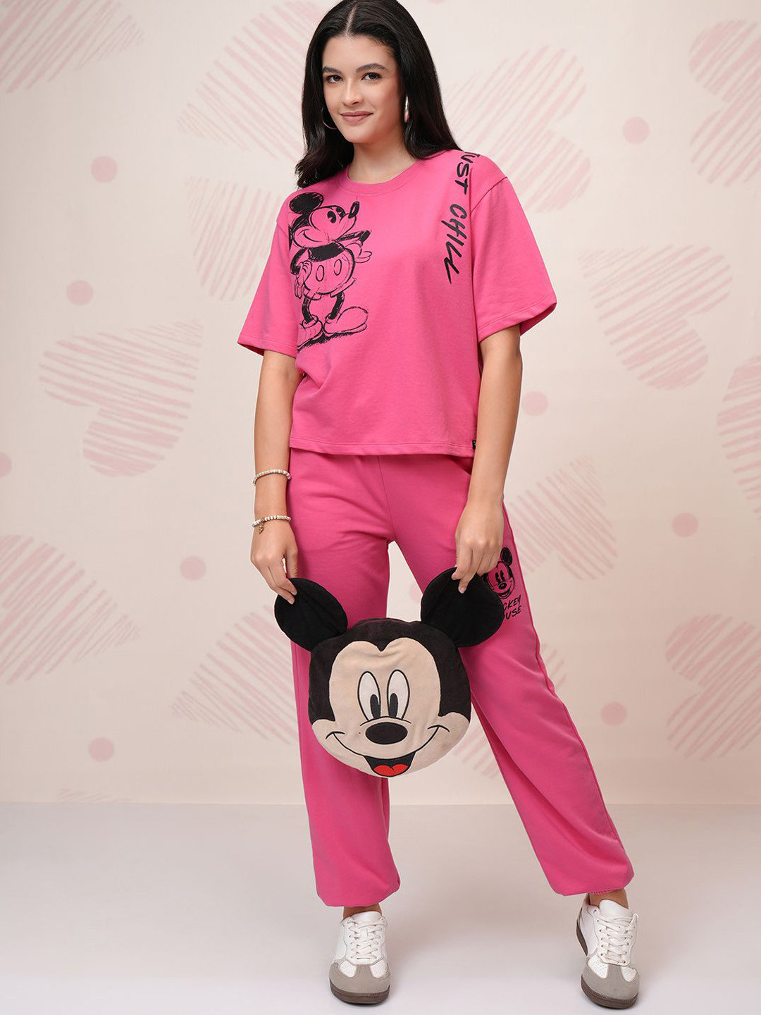 Tokyo Talkies Pink Disney Mickey Mouse Printed Round Neck Pure Cotton T Shirt & Jogger