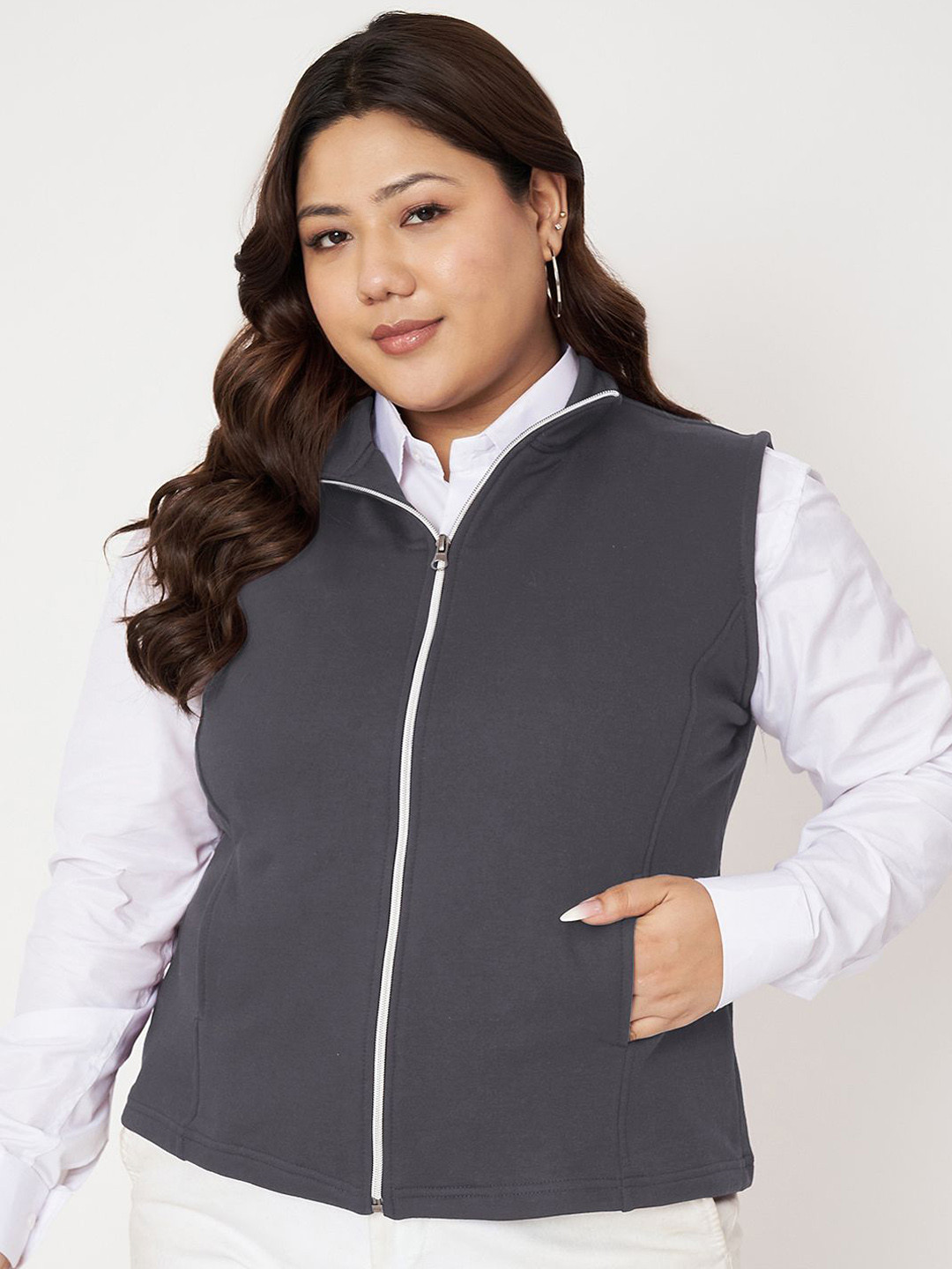 BRINNS Plus Size Mock Neck Fleece Open Front Jacket