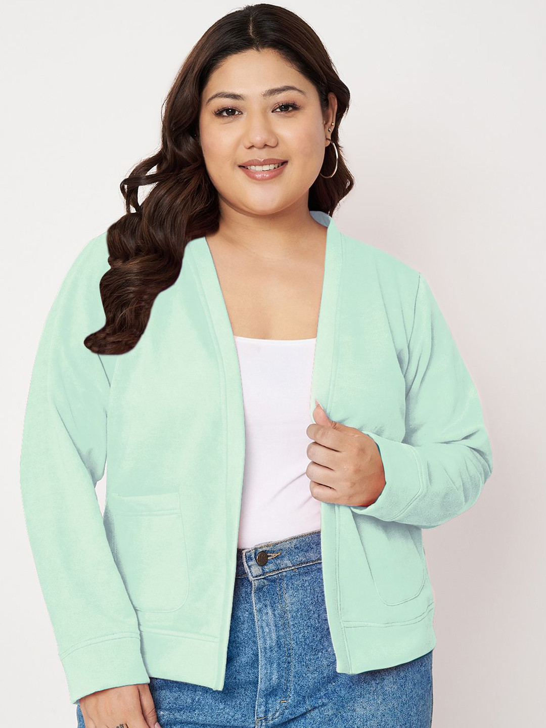 BRINNS Plus Size Collarless Open Front Fleece Jacket