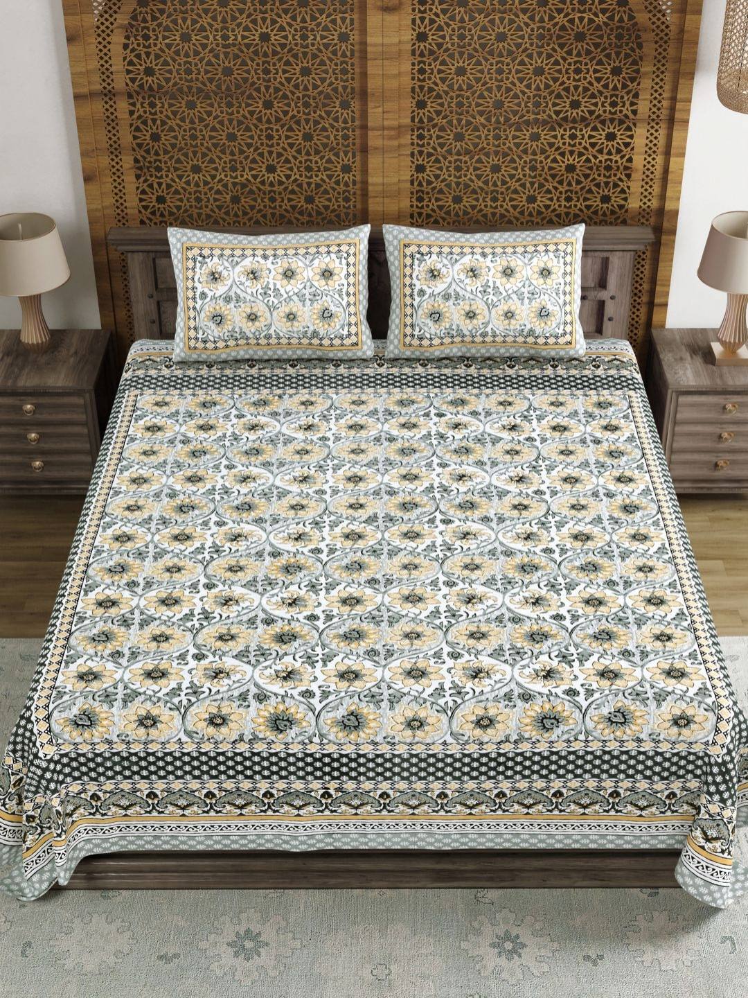 BLOCKS OF INDIA Grey & White Ethnic Motifs 120 TC King Bedsheet Set 2.18 m x 2.64 m