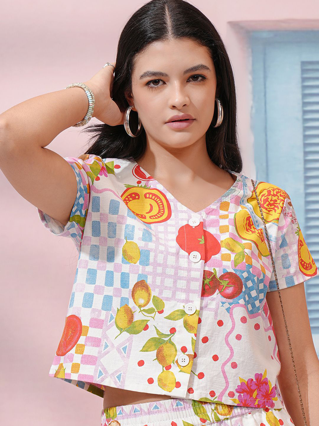 Tokyo Talkies Women Printed Button Down V-Neck Crop Top