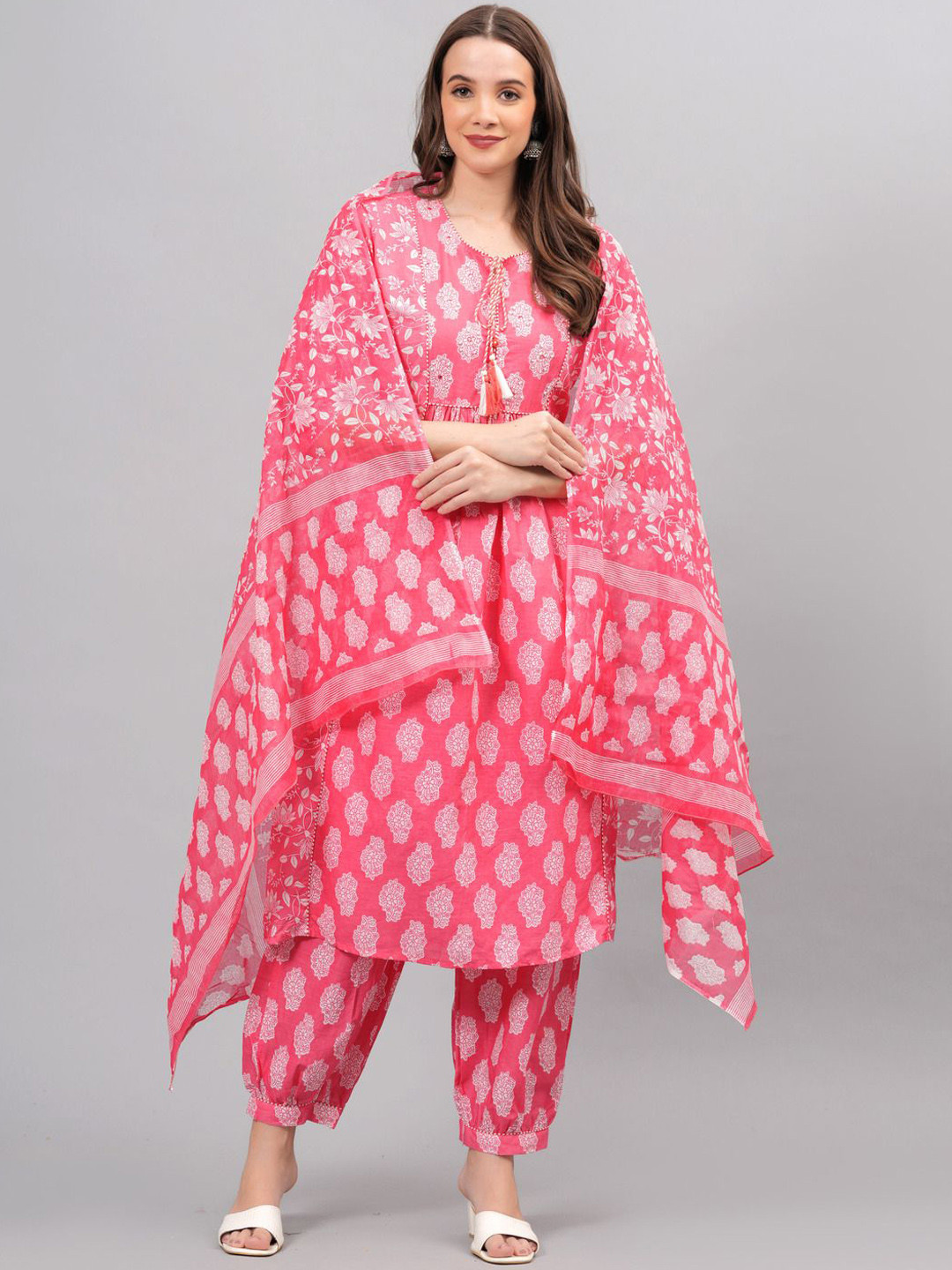 BABA KURTI Floral Printed Thread Work Pure Cotton A-Line Kurta With Trouser & Dupatta