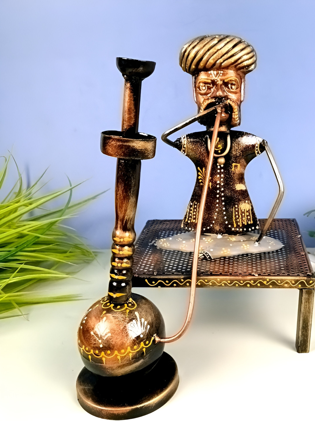 apka mart Village Man with Hukka Gold Metal Metallic Living Room Medium Showpiece - 11.8 Inches