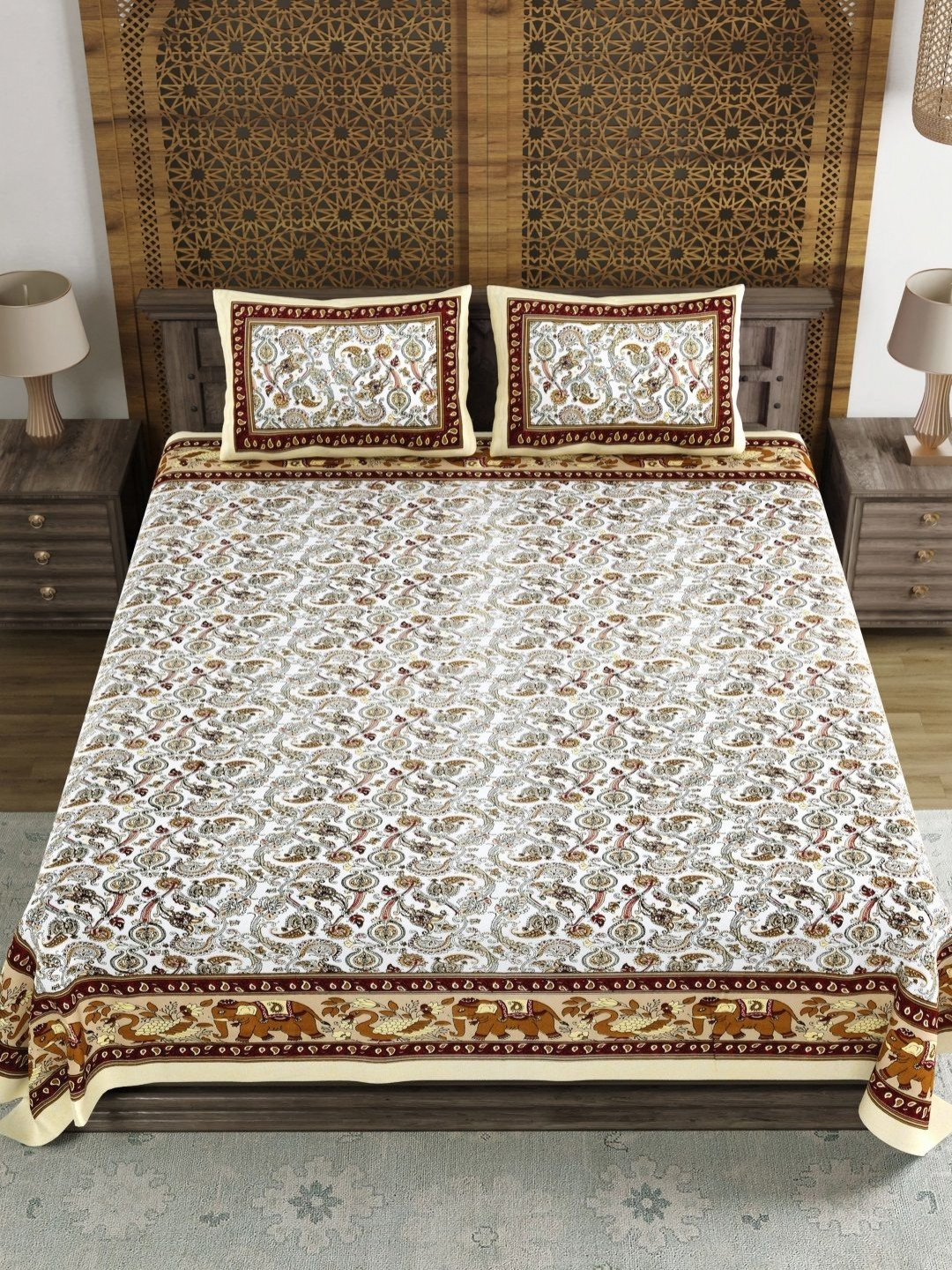 BLOCKS OF INDIA Brown & White Ethnic Motifs 120 TC King Bedsheet Set 2.18 m x 2.64 m